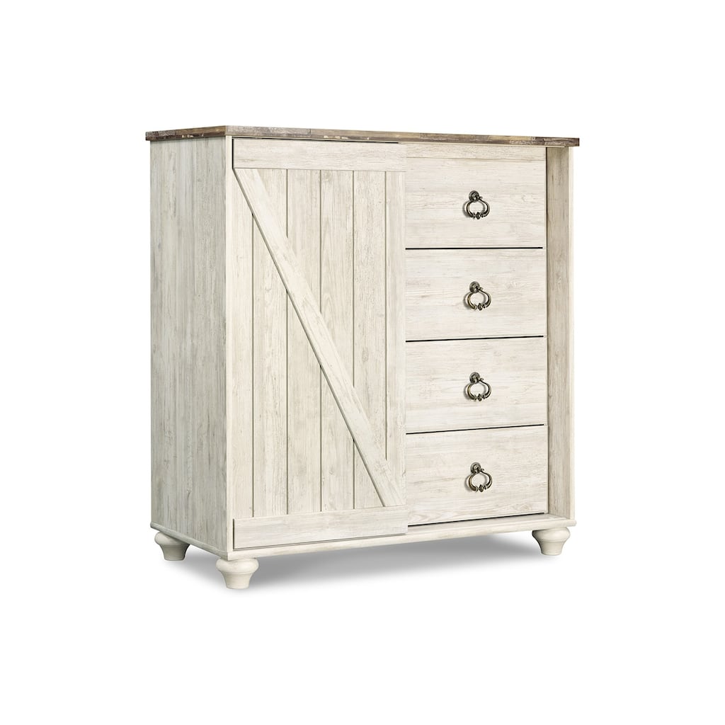 Isla Dresser Chest, 4 Drawer, Sliding Barn Door, Brown Top, Whitewash