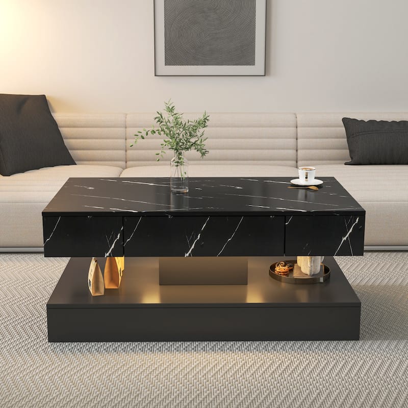 High-Glossy LED Coffee Table with 2 Drawers, Living Room Storage Tables with Marbling Print, Stylish Double-Layer Center Tables