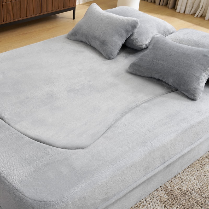 Queen Size Modern Sofa With 4 Pillows,Plush Fabric Futon Sofa Couch,High-Density Foam Folding Mattress,No Assembly Required