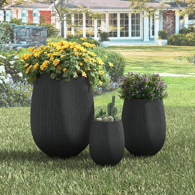Egg-Shaped Lightweight MGO Outdoor Planter Set of 3,Modern Stone-Look Textured Flower Pots with Drainage Holes and Rubber Plug - Black