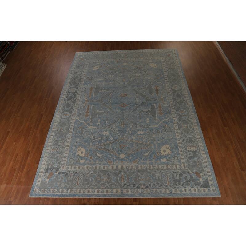 Hand Knotted Oriental 100% Wool Carpet Transitional All-Over Navy Blue & Blues Oushak Area Rug - 14' 11'' X 10' 11''