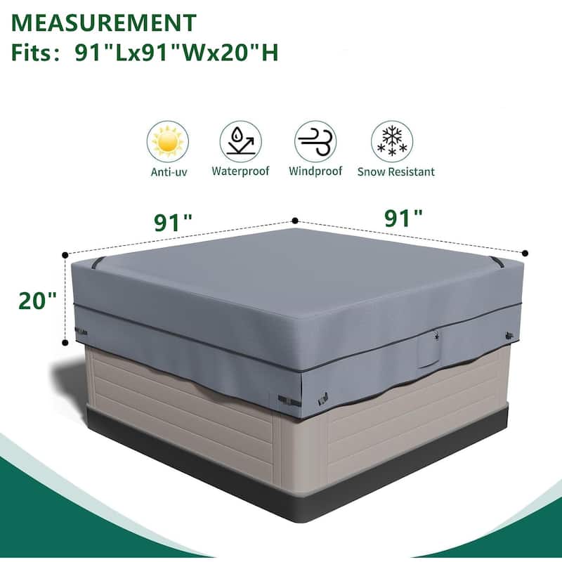 Square Hot Tub Cover - 420D Heavy Duty Waterproof Protector for 91x91 inch Outdoor Spas, All-Weather Resistant