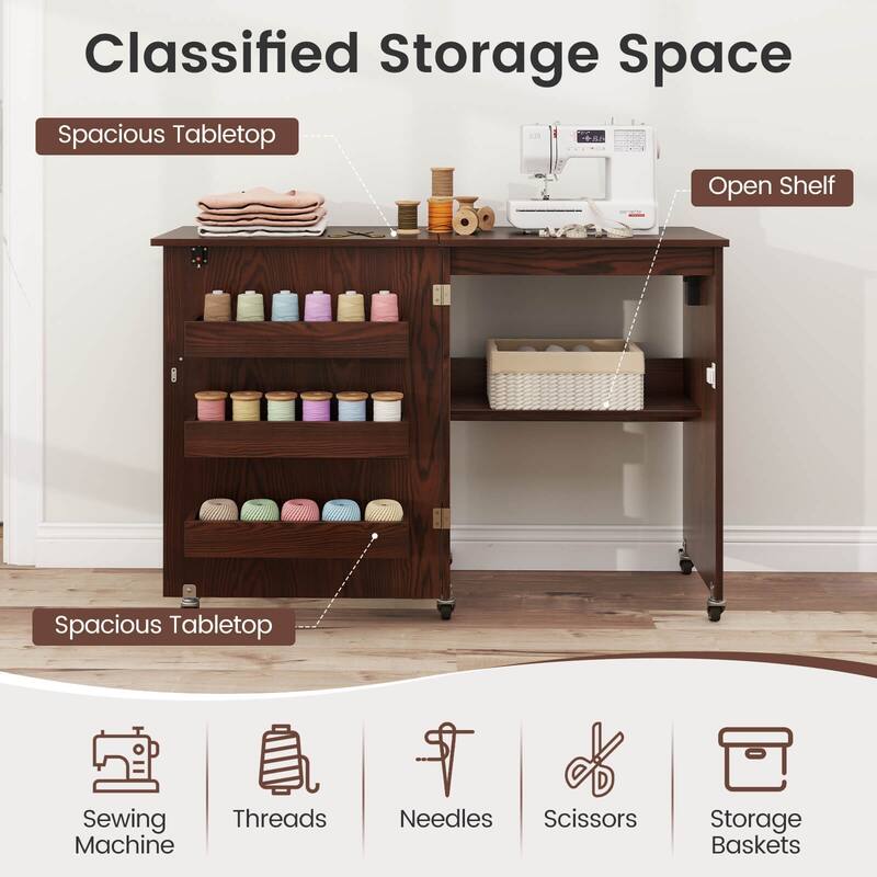 Costway Folding Sewing Table Rolling Craft Station with 3 Storage Bins - See Details