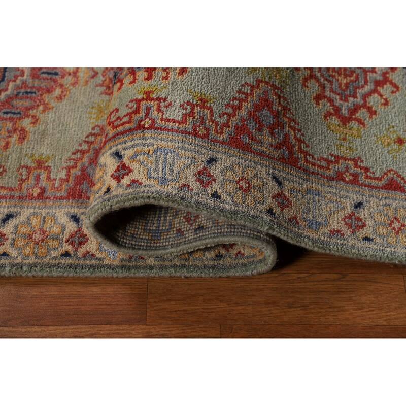 Green Geometric Viss Indian Runner Rug Hand-Knotted Wool Carpet - 2'6"x 7'11"