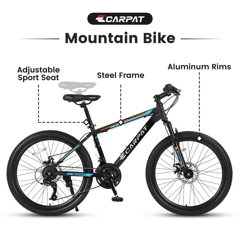 26" Mountain Bike, Shimano 21-Speed with Mechanical Disc Brakes, High-Carbon Steel Frame, Suspension MTB Bicycle