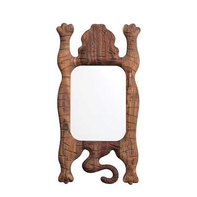 Carved Acacia Wood Framed Tibetan Tiger Shaped Wall Mirror, Natural - 13.5"L x 1.0"W x 25.5"H