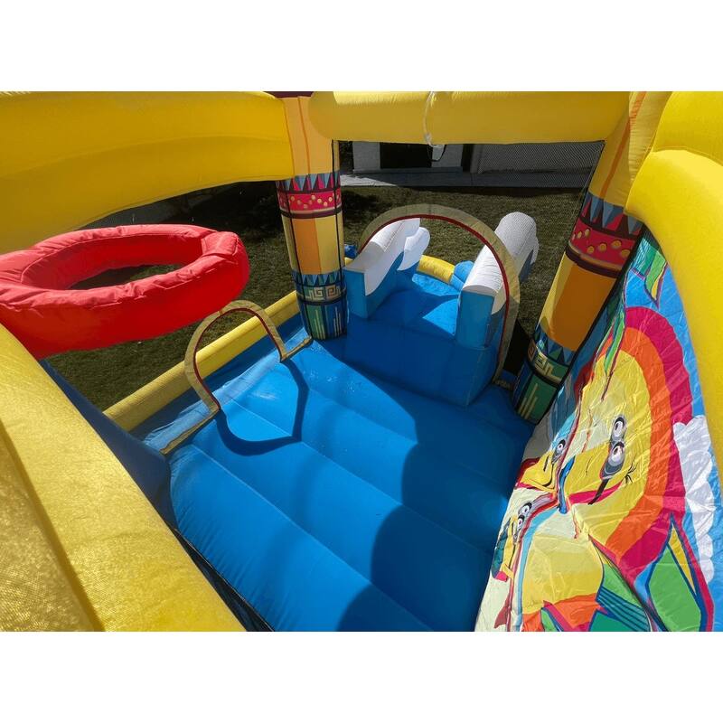 Minions Bounce House Waterslide, Outdoor Fun Tropical Inflatable Waterpark, Backyard Slide with Water Cannon for Kids Ages 3-8