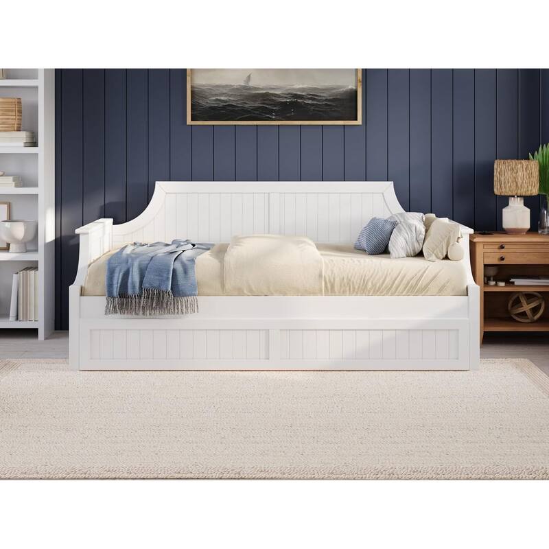 Twin Daybed with Trundle - Mid-Century Wood Daybed - White Finish -