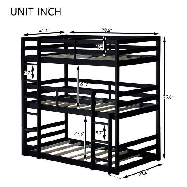 Artsy Rubber Wood Bunk Bed with Two Built-in Ladders, Guardrails, Twin over Twin over Twin, Detachable Triple Bunk Bed, Black