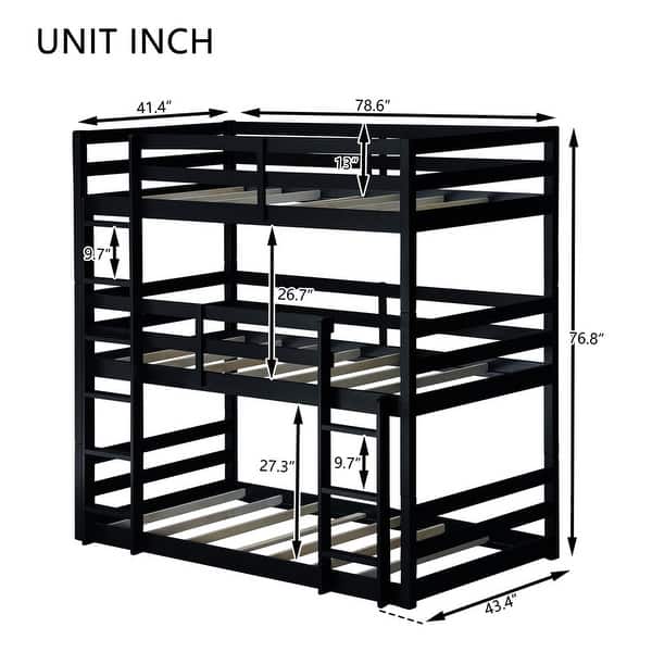 dimension image slide 1 of 3, Detachable Triple Twin Bunk Bed with Two Built-in Ladders,Guardrails