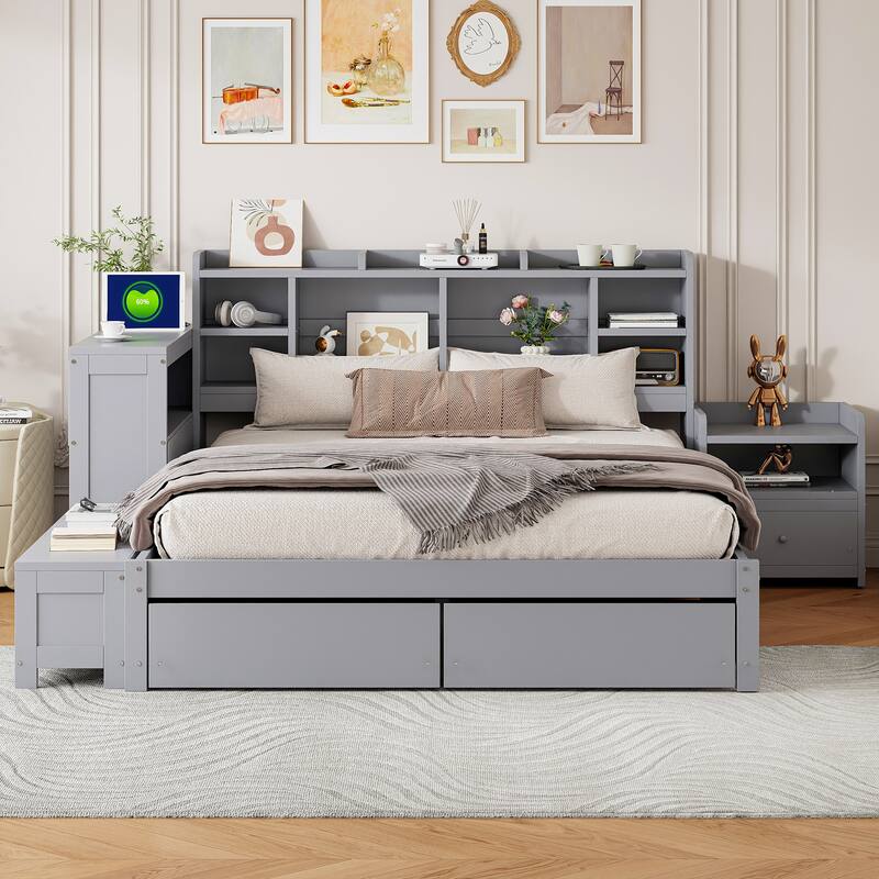 Gray Full Size Platform Bed with Integrated Desk, Nightstand, Storage Drawers & USB Ports - Multi-functional Design