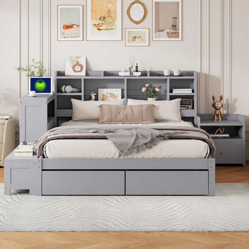 Solid Pine Full Bed Frame, Full Size Wooden Platform Bed with Storage Headboard, 2 Drawers, Nightstand, Desk and USB Ports - Gray - Full