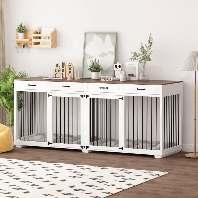 Wooden Dog Crate Kennel with 4 Drawers,Divides for 2 Large Dogs Indoor