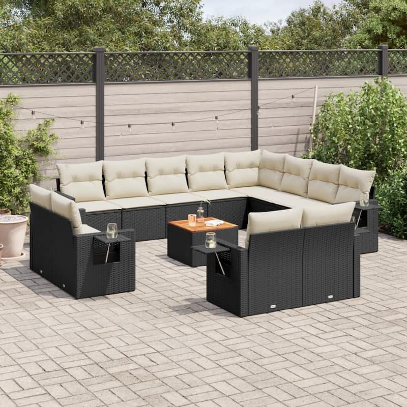 vidaXL Garden Sofa Set 13 Piece with Cushions Outdoor Sofa Set Poly Rattan - Black and Cream - 24.4 x 24.4 x 27.2 in. (W x L x H)