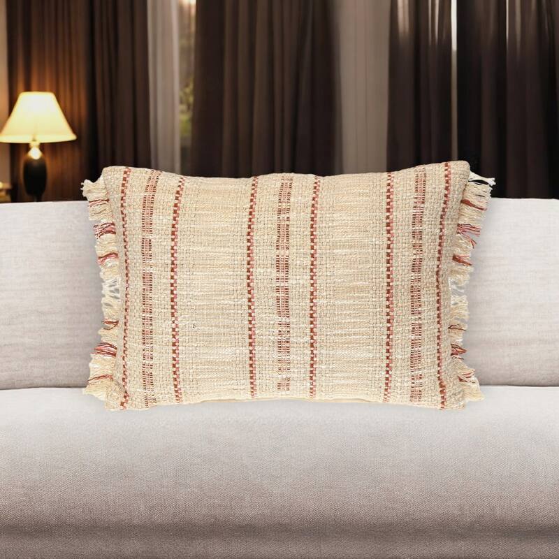 HomeRoots 14" X 20" Beige and Pink Striped Cotton Throw Pillow With Fringe - Bed Rest - Polyester