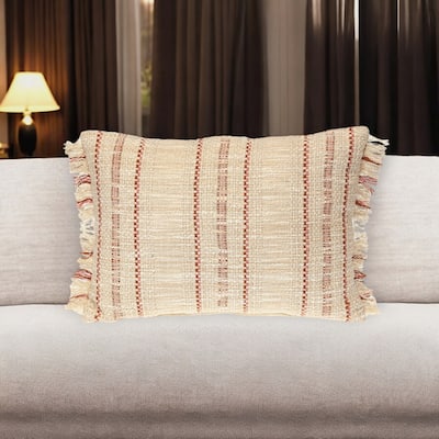 HomeRoots 14" X 20" Beige and Pink Striped Cotton Throw Pillow With Fringe