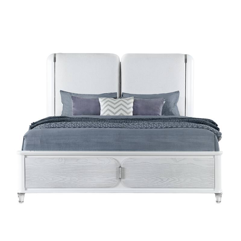 HomeRoots Gray and White Wood And Upholstery Lighted Queen Bed Frame