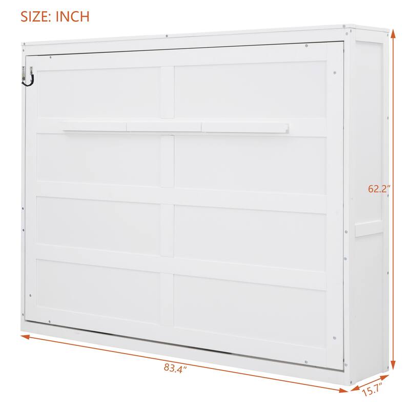 Full/Queen Size Murphy Wall Bed with Folding Cabinet, Piston Lift Mechanism, Slatted Base, Space-Saving Design