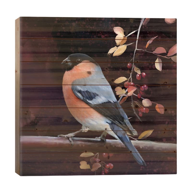 Finch And Fall Leaves Print On Wood by Thomas Little - Multi-Color - 26x26x1.5