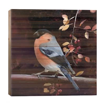 Finch And Fall Leaves Print On Wood by Thomas Little - Multi-Color
