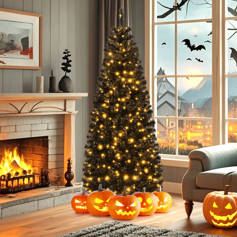 Gymax 6/7 FT Pre-lit Black Christmas Tree Artificial PVC Slim Pencil - See details - 6 Foot