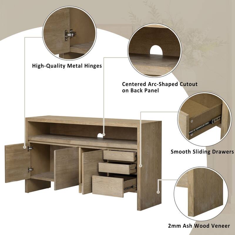 60" 3-Door Sideboard with 3 Drawers - Modern Solid Ash Veneer MDF Sideboard, Semi-Open Shelf