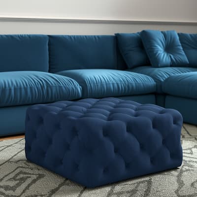 HomeRoots 33" Navy Blue Velvet Rolling Tufted Cocktail Ottoman
