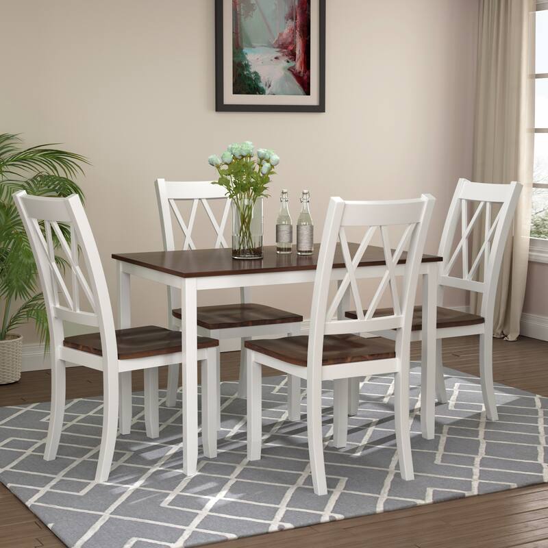 Roomfitters 5-Piece Dining Table Set, Rectangular Wood Kitchen Table and 4 X-back Chairs, Transitional Style - Espresso+White