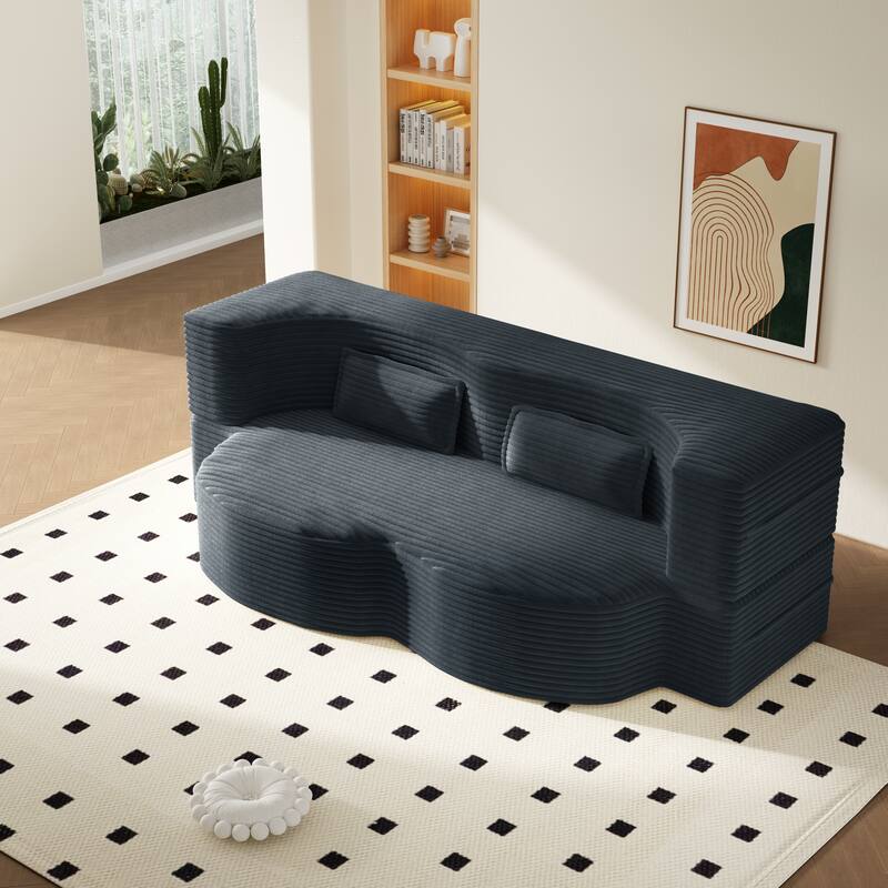 Modern 78.7" Floor Sofa With 2 Pillows For Small Pace Living Room, Convertible Sleeper Sofa Bed - Dark Grey Corduroy