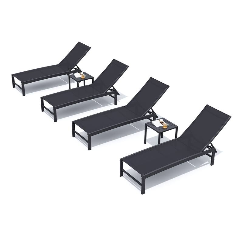 Outdoor Aluminum Chaise Lounge Chairs and Side Table, Sun Lounger with Adjustable Backrest - Two Sets, Black