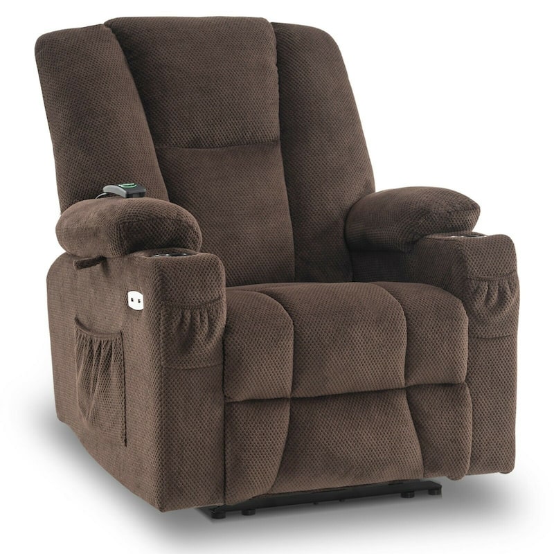 Mcombo Electric Power Recliner with Massage & Heat, Extended Footrest, 2 USB Ports, Side Pockets, Cup Holders, Plush Fabric 8015 - Brown