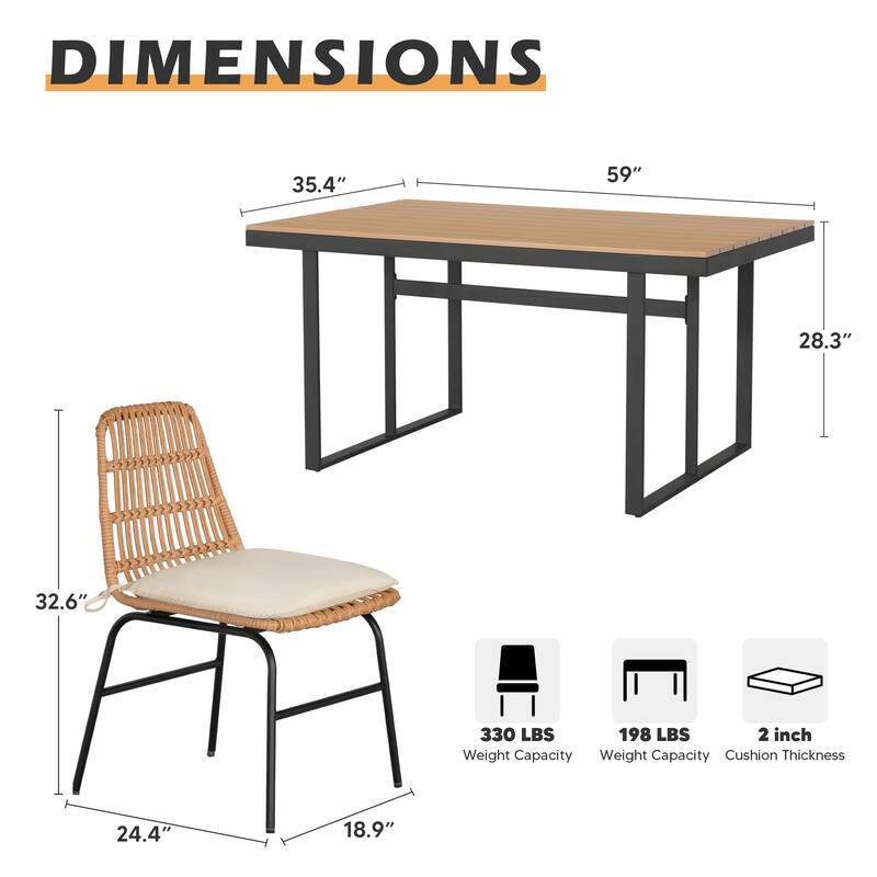 7 piece Outdoor Dining Set, Glass Table with Woven Chairs for Patio, Balcony & Garden - 26.77"L x 20.87"W x 31.1"H
