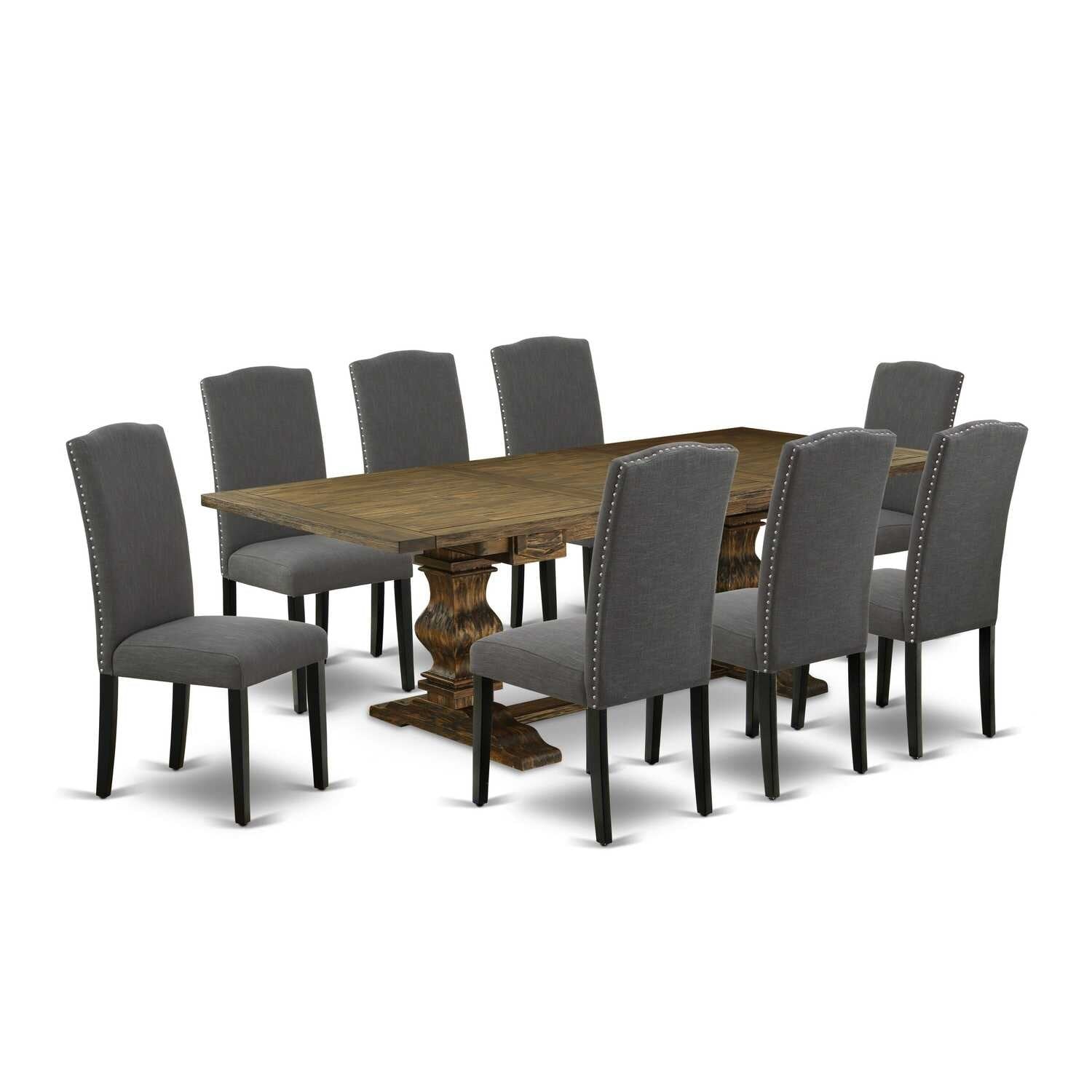 9-Piece Dining Table Set with Chairs - Linen Fabric Dining Room Set - Dark Gray & Black Finish - Pedestal Table - Seats 8 - 92