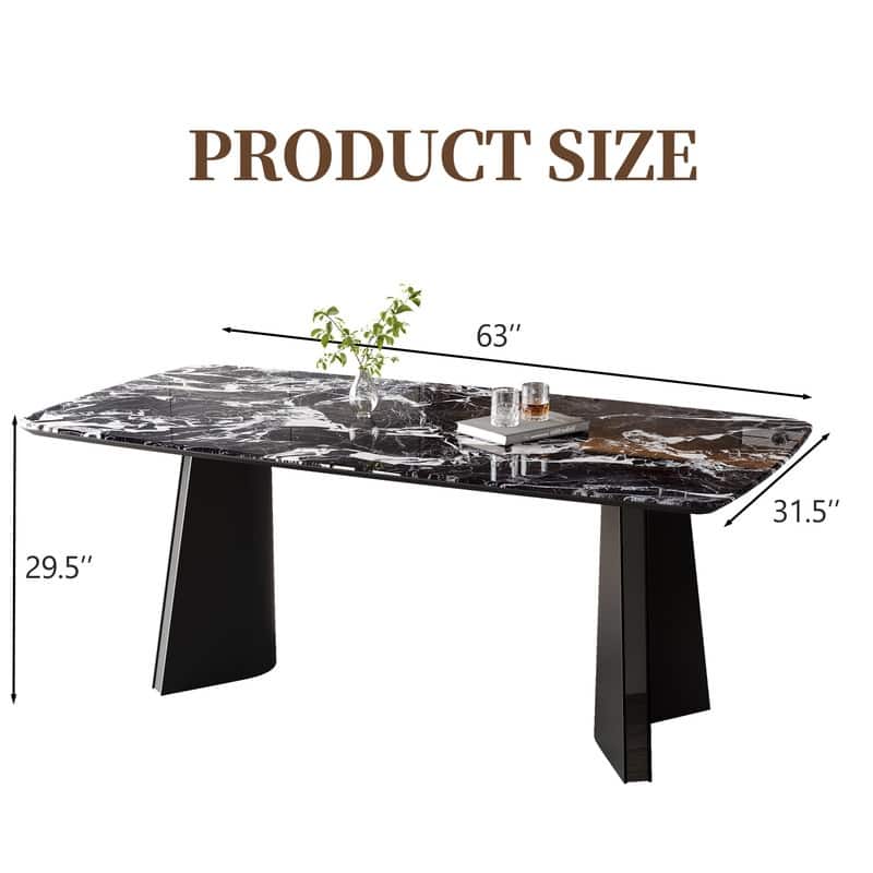 63" Modern Black Faux Marble Dining Table, Luxury Style Seats 4-6