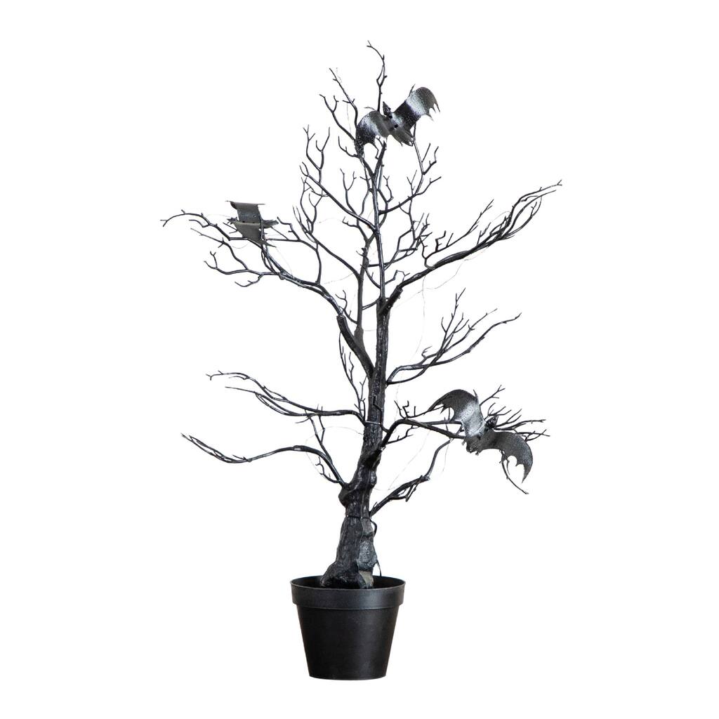 Pre-Lit Bats Artificial Halloween Twig Potted Tree with Bats - 2' - Orange and Purple LED Lights