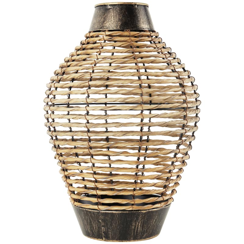 Bronze Plastic Rattan Handmade Twisted Decorative Vase with Open Frame Design and Bronze Metal Details