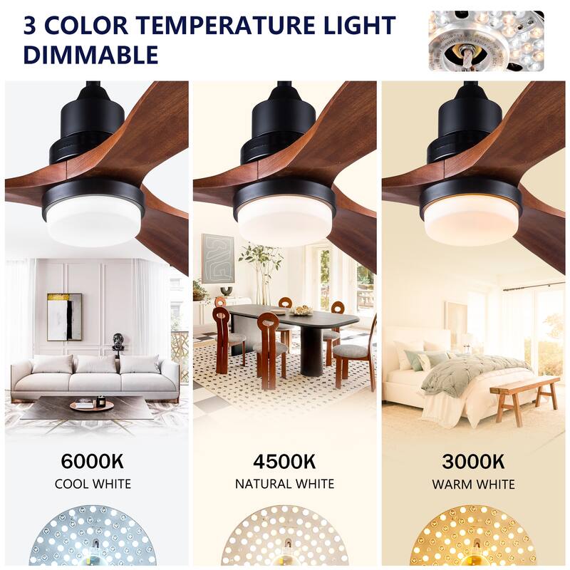 52 Inch Indoor Ceiling Fan With Dimmable LED Light 3 Solid Wood Blades Remote Control Reversible DC Motor