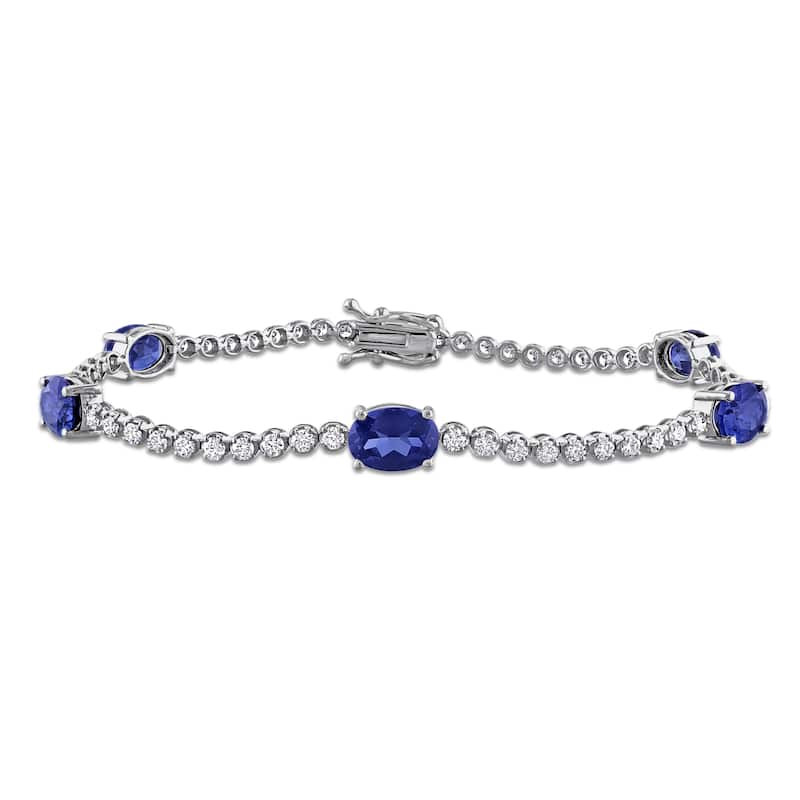 Miadora 4 3/4ct TGW Created Blue Sapphire 1 3/8ct TW Lab-Grown Diamond Bracelet 18k White Gold