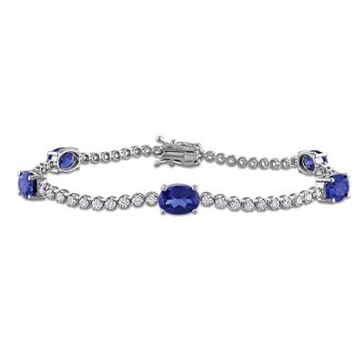 Miadora 4 3/4ct TGW Created Blue Sapphire 1 3/8ct TW Lab-Grown Diamond Bracelet 18k White Gold