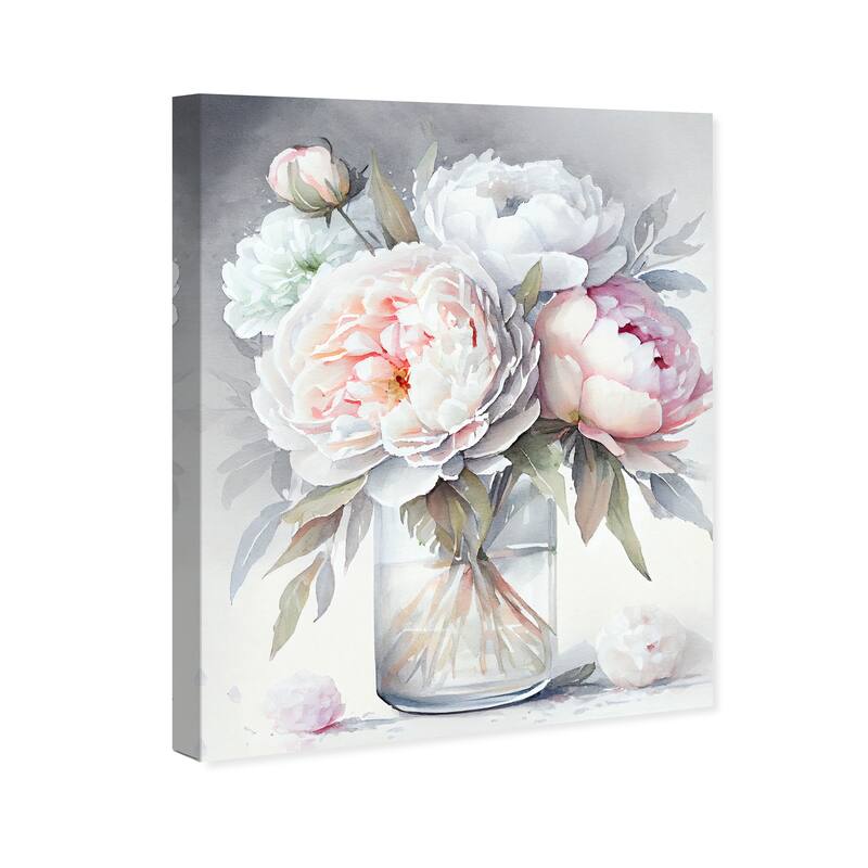 Wynwood Studio Canvas Floral and Botanical Peony Vase Gray and Light Gray Traditional Wall Art Canvas Print