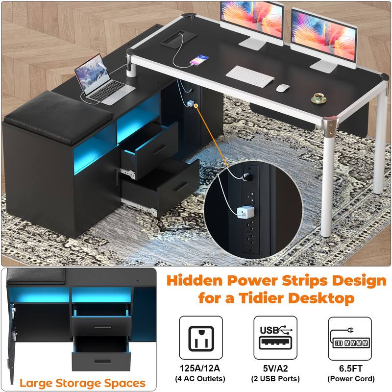 L Shaped Desk with File Cabinet and Power Strip, Reversible Corner Office Desk with LED Lights