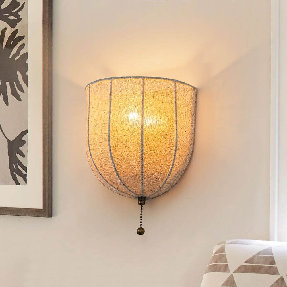 Cottage Boho Beige Linen Fabric Shade Single Wall Sconce Chain Switch