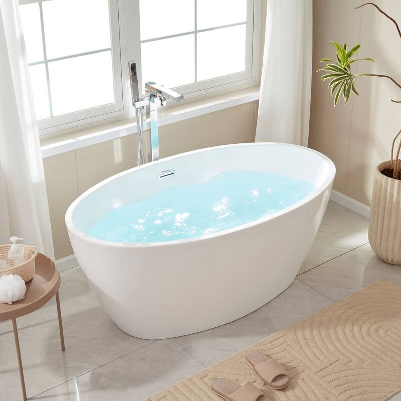 Vanity Art 55" Freestanding Acrylic Soaking Bathtub with Slotted Overflow & Pop-up Drain