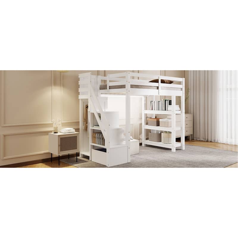 Roomfitters Twin/Full Size Loft Bed with Wardrobe, Storage Staircase and LED Light, White