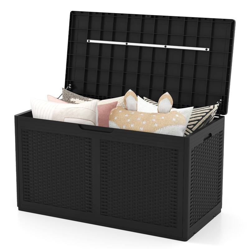 100 Gallon Outdoor Lockable Lid Deck Box with Wheels and Bench Seating for Patio Storage or Backyard Use
