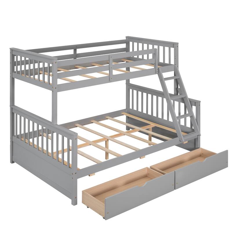 Twin-Over-Full Bunk Bed with 2 Storage Drawers and Ladder, Convertible 2 in 1 Wood Bedframe for Bedroom, Dorm, for Teens, Adults