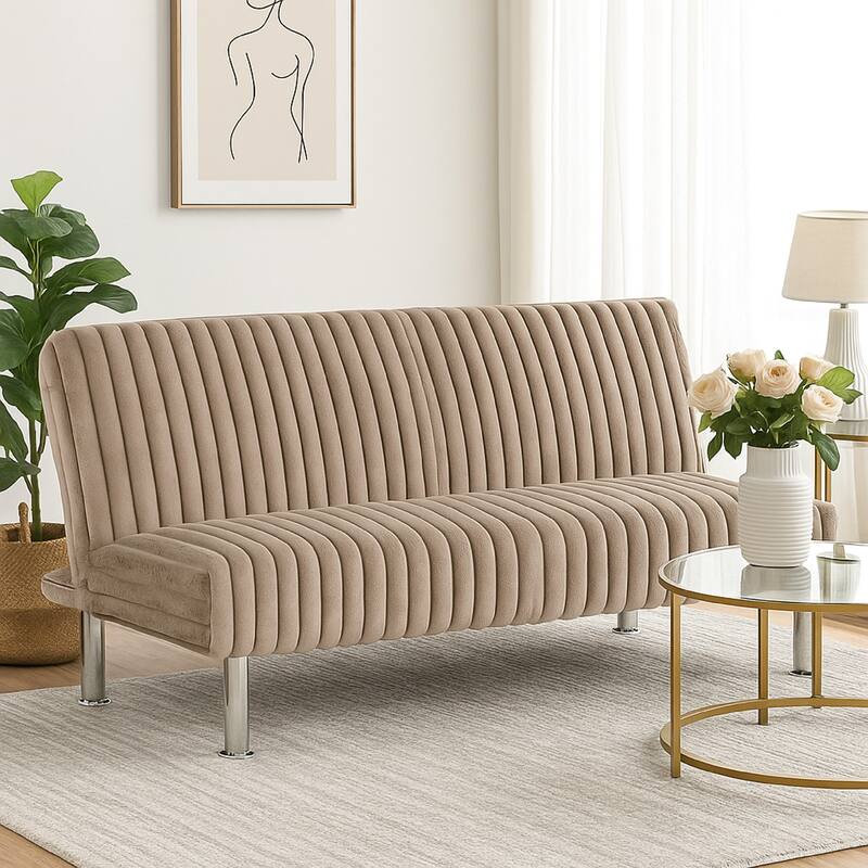 Hini Fold Out Futon Sofa Bed, Taupe Brown, Modern Chrome Metal Legs
