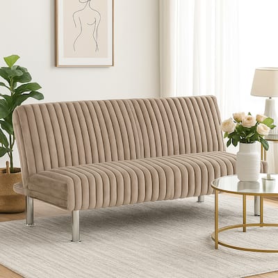 Hini Fold Out Futon Sofa Bed, Taupe Brown, Modern Chrome Metal Legs