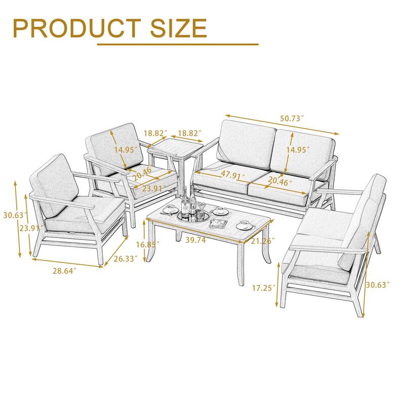 6-Seat Outdoor Teak Wood Patio Conversation Set with Cushions Tables