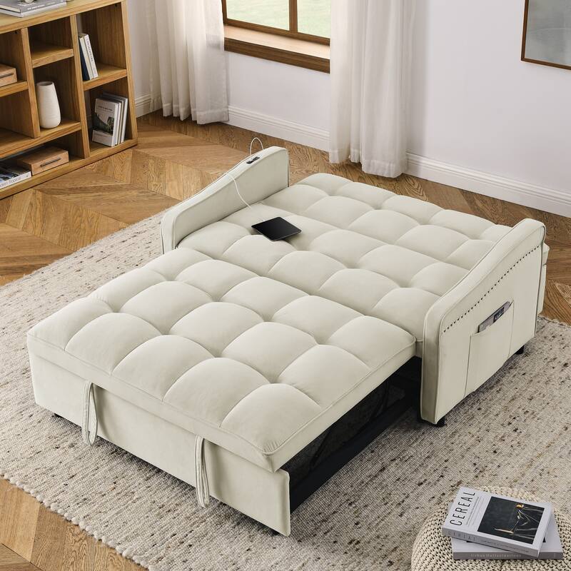 Mid-Century Modern Sofa Bed with USB Charging and Adjustable Backrest